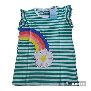 Ali Sea Girls Size 7 Green/White Striped Rainbow Flower T-Shirt W/Capped Sleeves